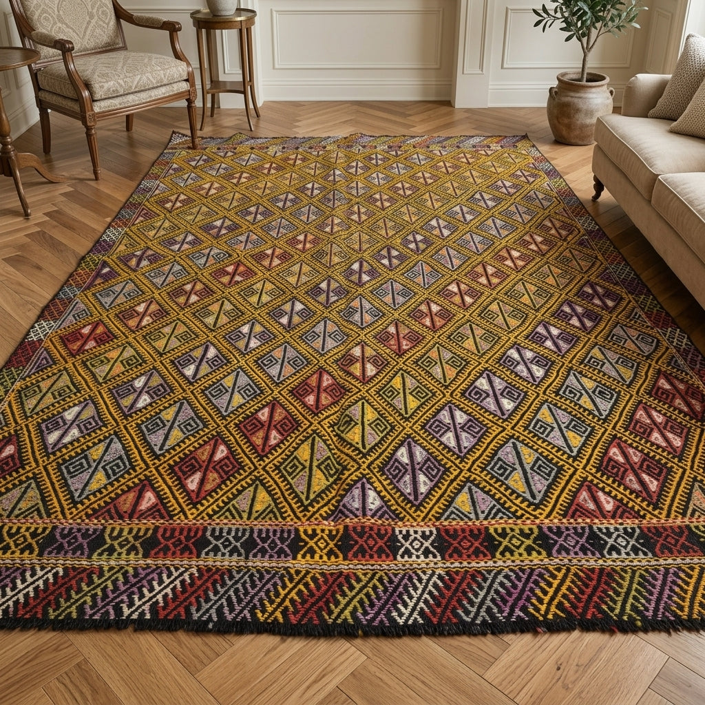 Oriental pattern on the Sosimira vintage kilim rug – handwoven flatweave in Anatolia, Turkey