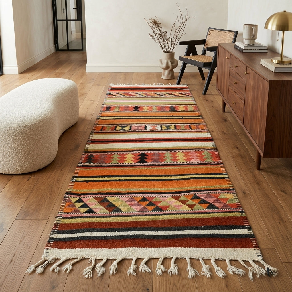 Oriental pattern on the Nurpeyker vintage kilim runner rug – handwoven flatweave in Anatolia, Turkey