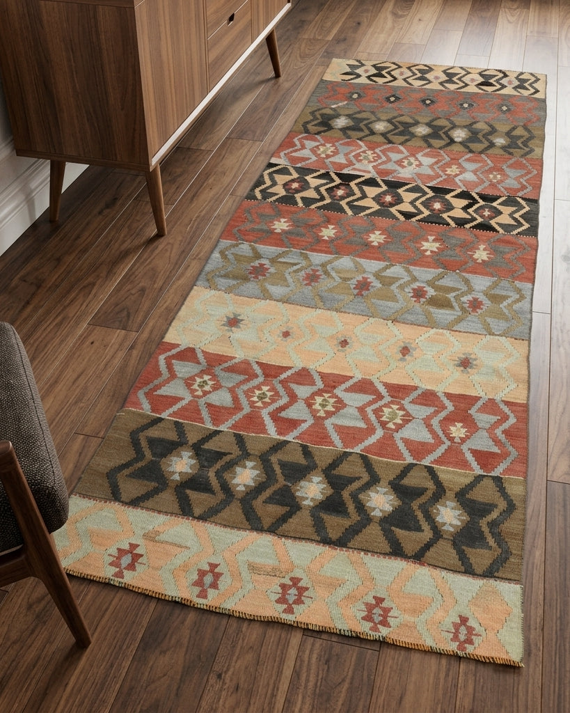 Ikat pattern on the Litotheia vintage kilim runner rug – handwoven flatweave in Anatolia, Turkey