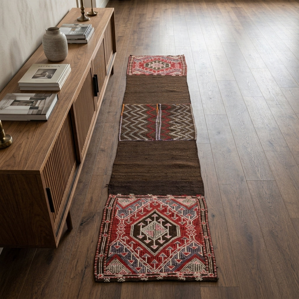 Oriental pattern on the Nefise vintage kilim runner rug – handwoven flatweave in Anatolia, Turkey