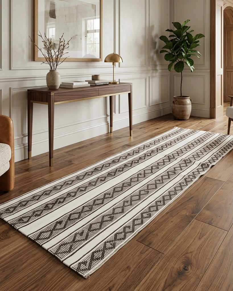 Striped pattern on the Karanfilisik vintage kilim runner rug – handwoven flatweave in Anatolia, Turkey