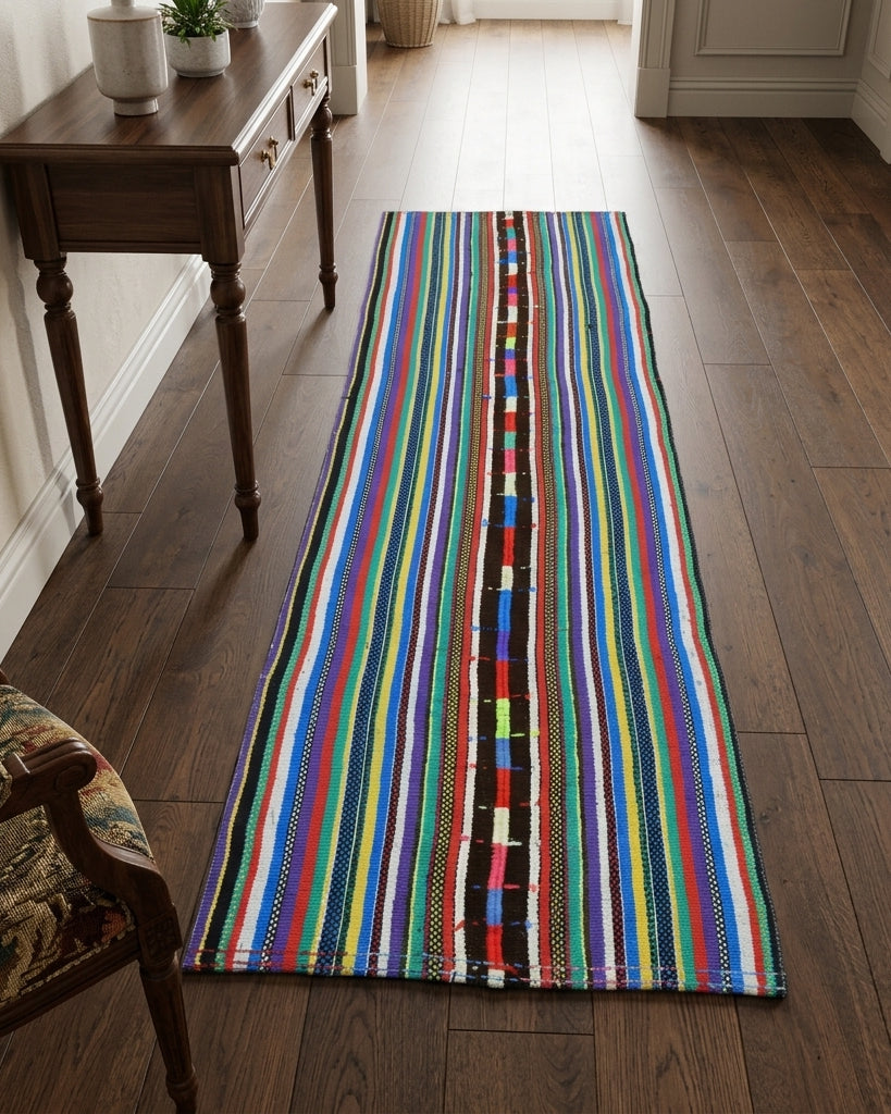 Striped pattern on the Kamelya vintage kilim runner rug – handwoven flatweave in Anatolia, Turkey