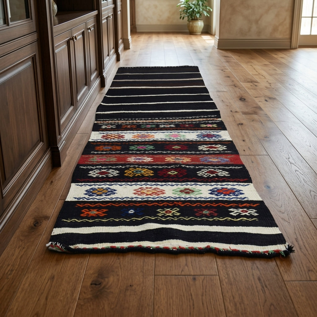 Oriental pattern on the Necmiye vintage kilim runner rug – handwoven flatweave in Anatolia, Turkey