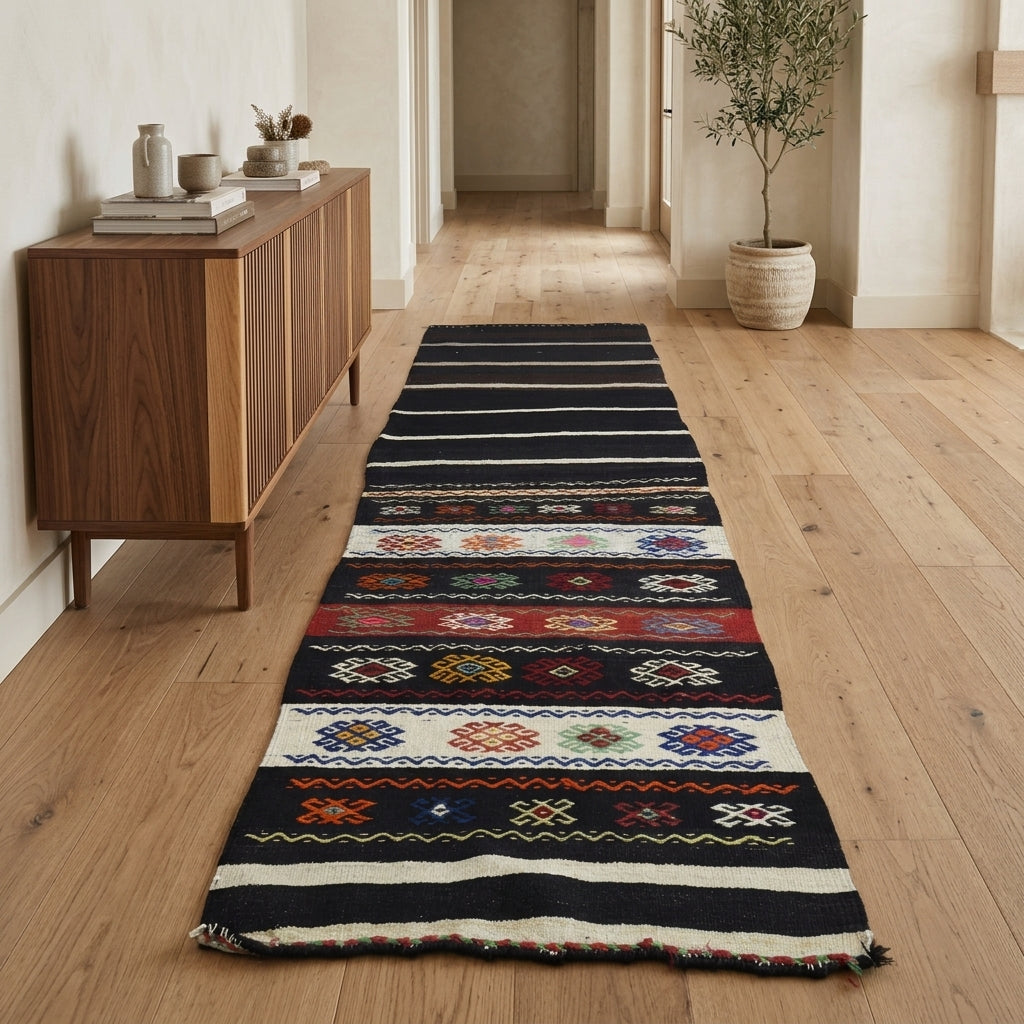 Oriental pattern on the Necmiye vintage kilim runner rug – handwoven flatweave in Anatolia, Turkey