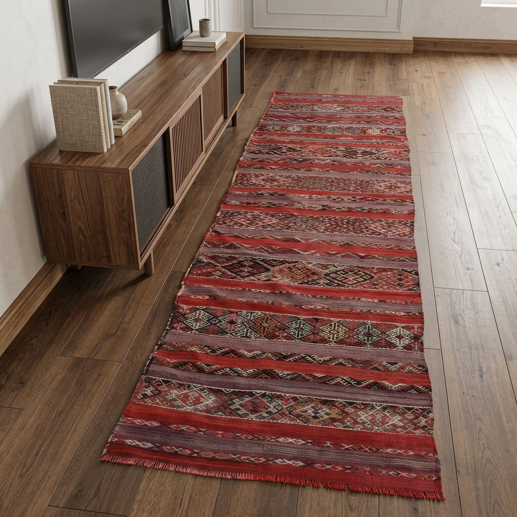 Oriental pattern on the Mihrgul vintage kilim runner rug – handwoven flatweave in Anatolia, Turkey