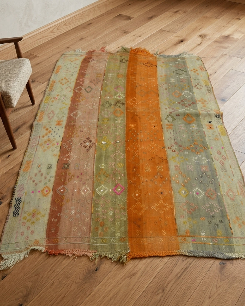 Oriental pattern on the Yesimpare vintage kilim rug – handwoven flatweave in Anatolia, Turkey