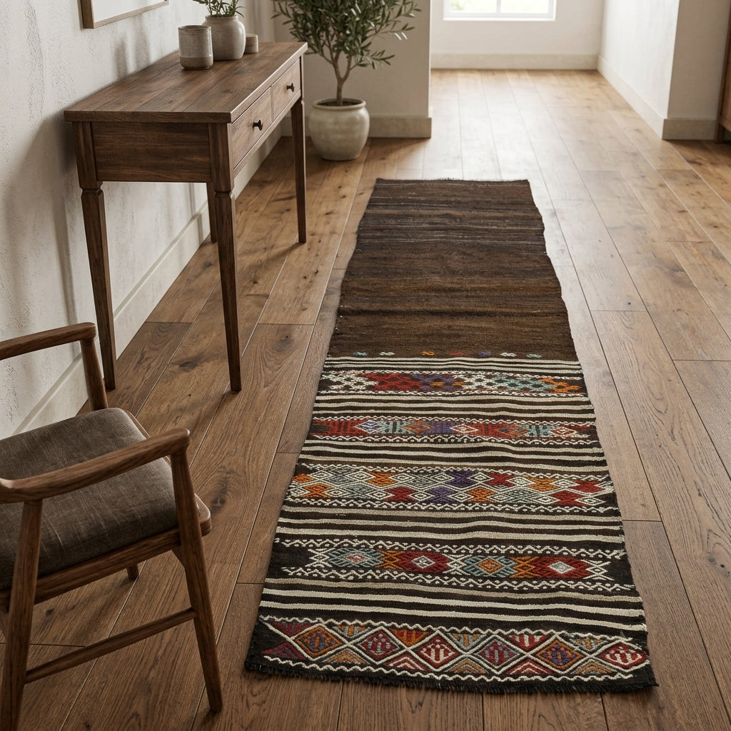 Oriental pattern on the Malatya vintage kilim runner rug – handwoven flatweave in Anatolia, Turkey