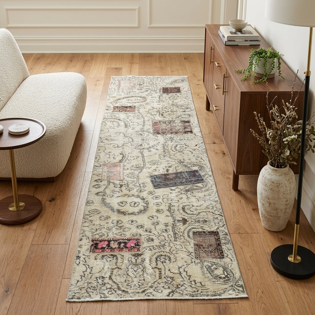 Floral pattern on the Heliolampe vintage patchwork runner rug – handmade in Anatolia, Turkey