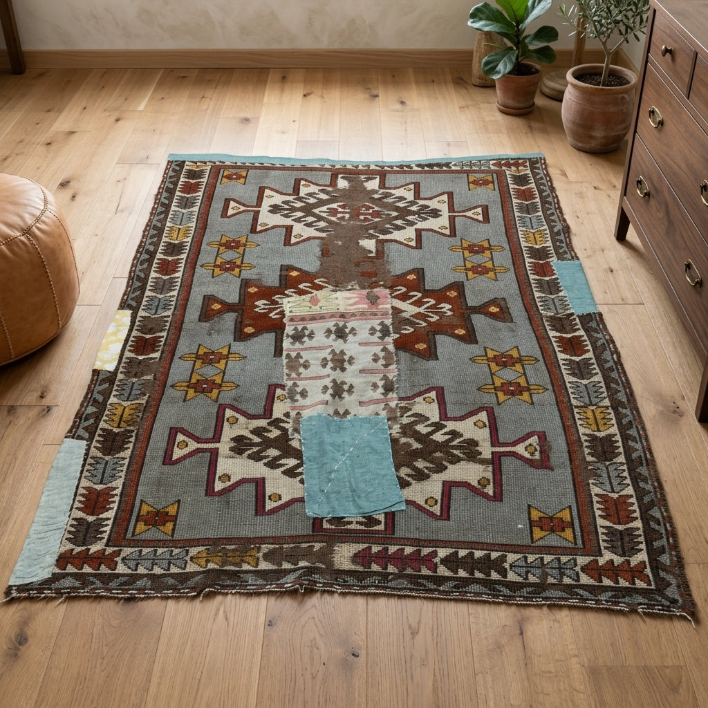 Abstract pattern on the Nihanefsan vintage patchwork area rug – handmade in Anatolia, Turkey