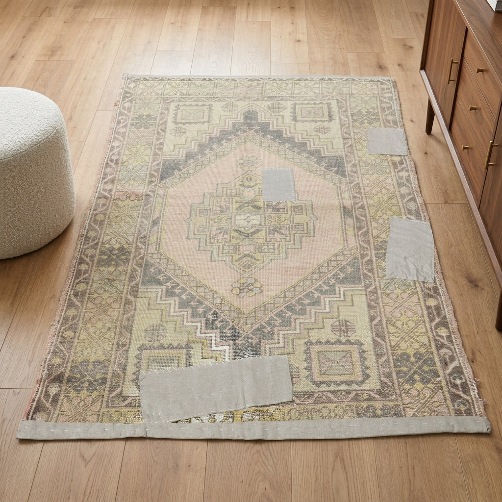Oriental pattern on the Nergiscihan vintage patchwork area rug – handmade in Anatolia, Turkey