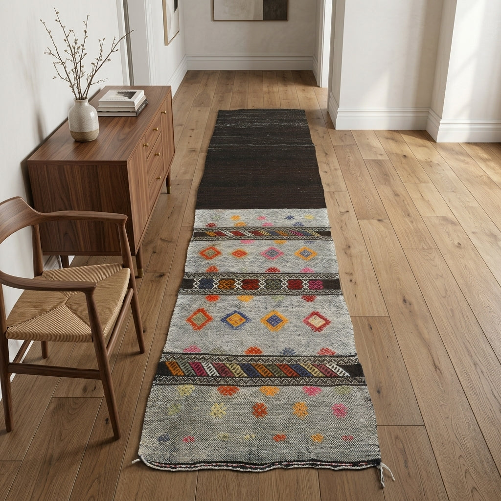 Ikat pattern on the Irilyra vintage kilim runner rug – handwoven flatweave in Anatolia, Turkey