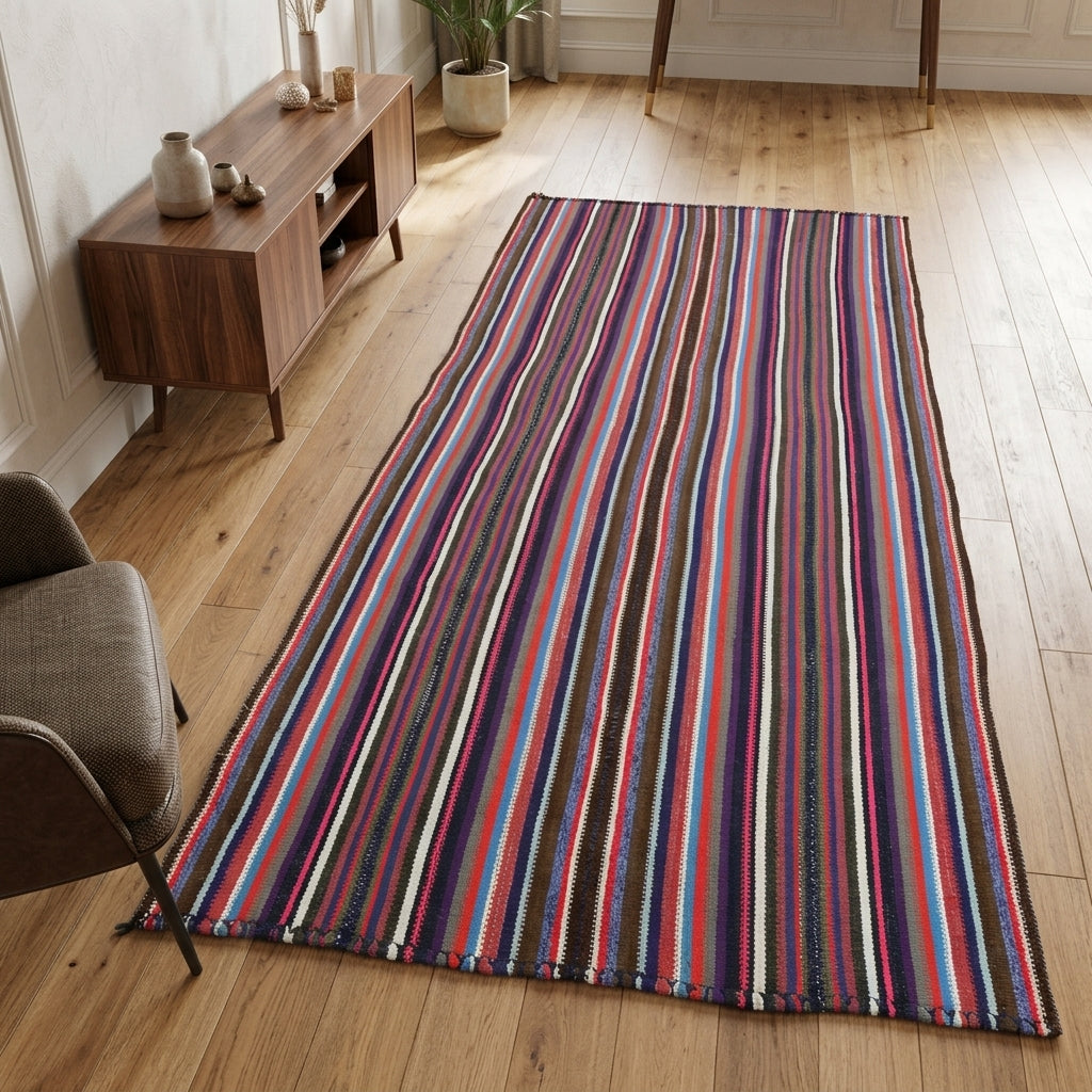 Striped pattern on the Ioniippe vintage kilim runner rug – handwoven flatweave in Anatolia, Turkey