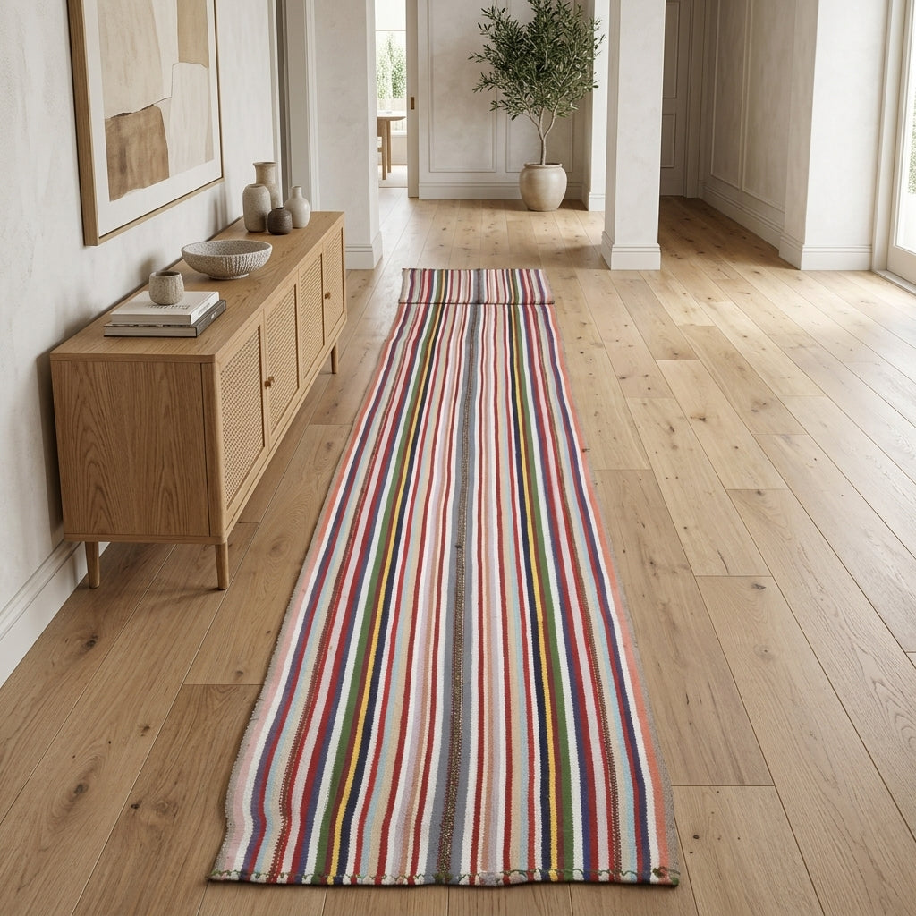Striped pattern on the Kumruperver vintage kilim runner rug – handwoven flatweave in Anatolia, Turkey