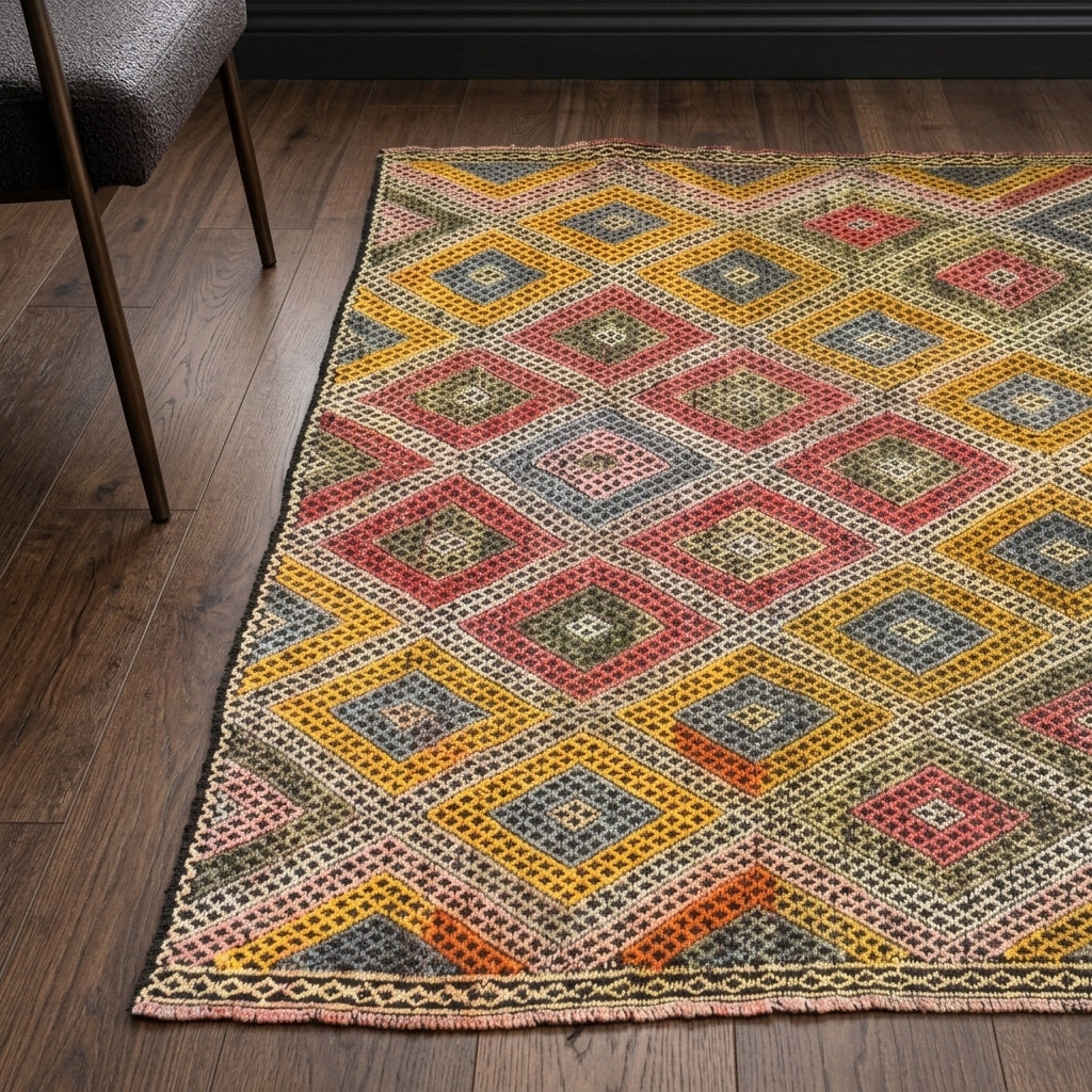 Ikat pattern on the Ecenisin vintage kilim rug – handwoven flatweave in Anatolia, Turkey