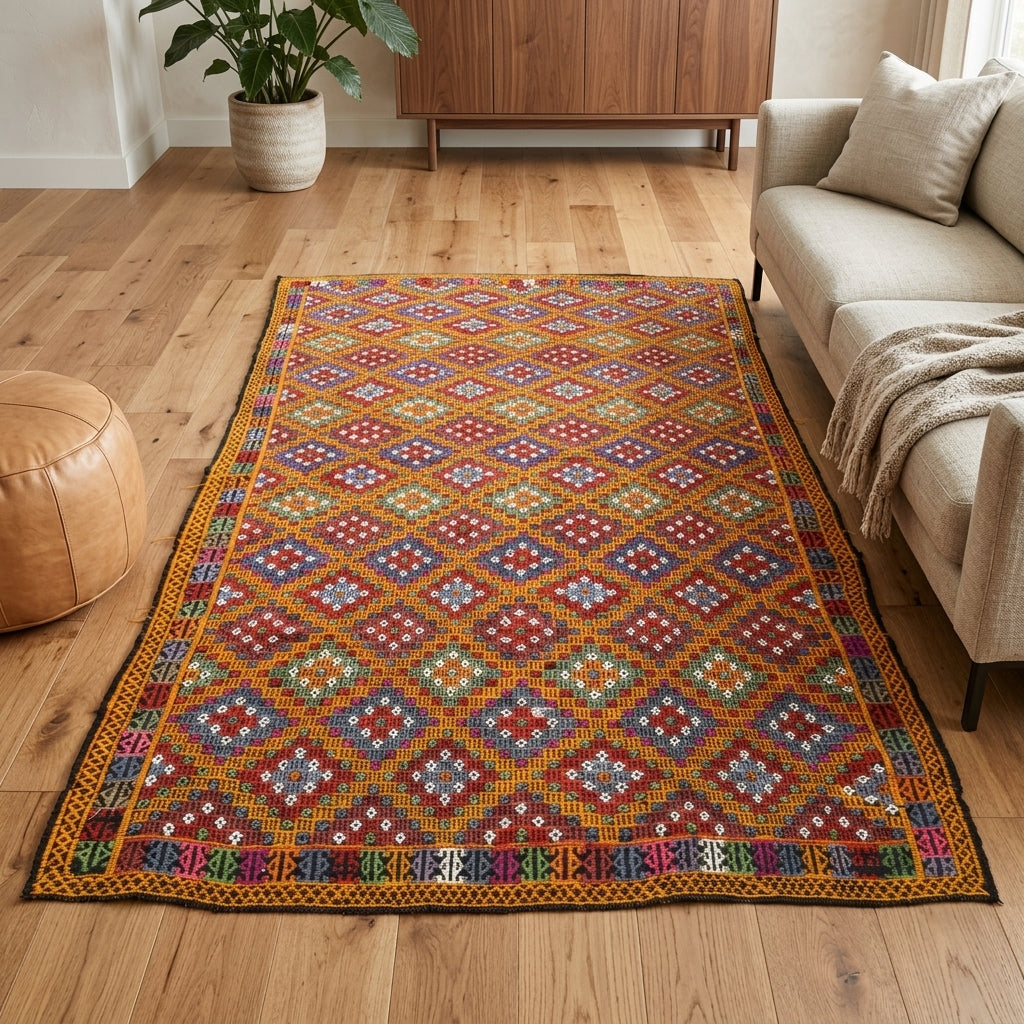 Ikat pattern on the Sultanur vintage kilim rug – handwoven flatweave in Anatolia, Turkey