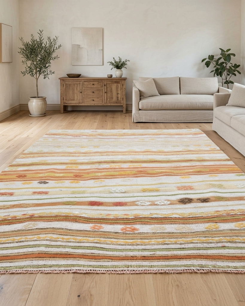 Striped pattern on the Porphyropnoe vintage kilim rug – handwoven flatweave in Anatolia, Turkey