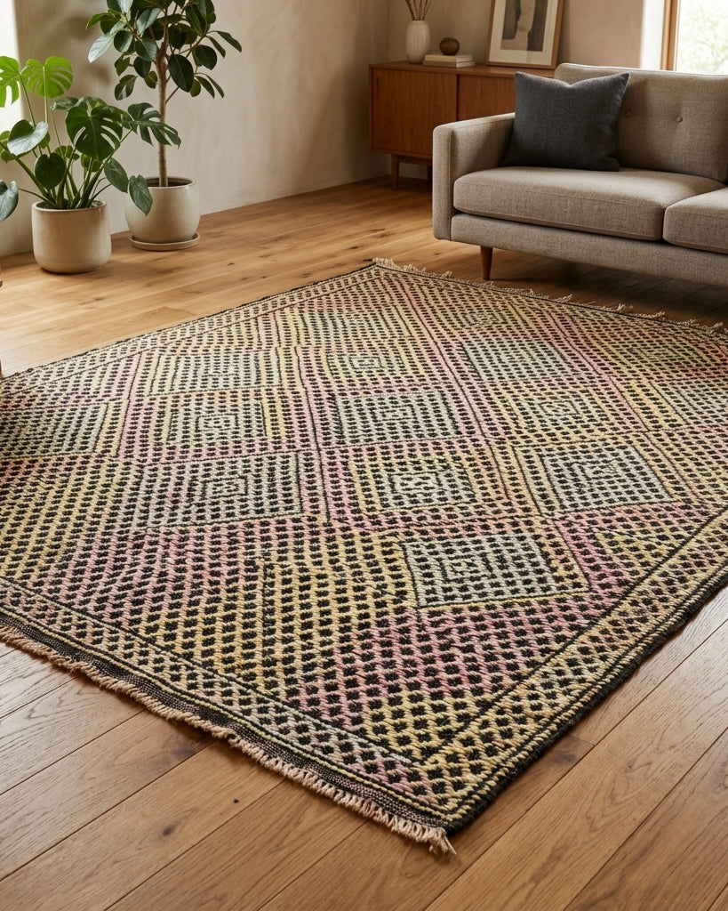 Ikat pattern on the Safaksev vintage kilim rug – handwoven flatweave in Anatolia, Turkey