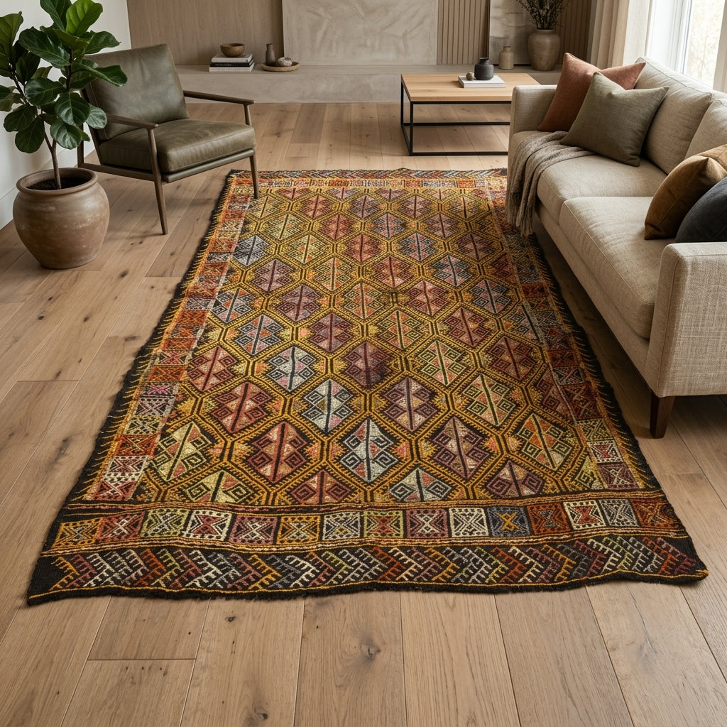 Geometric pattern on the Yaseminsad vintage kilim rug – handwoven flatweave in Anatolia, Turkey