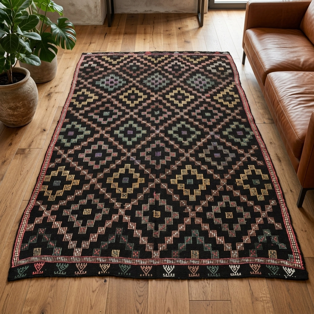 Ikat pattern on the Nephelampe vintage kilim rug – handwoven flatweave in Anatolia, Turkey