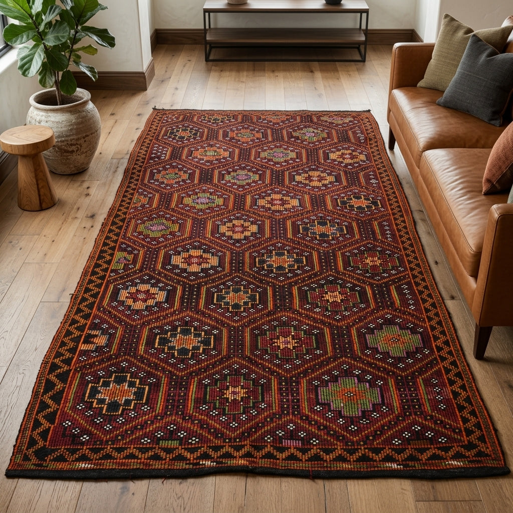 Honeycomb pattern on the Elene vintage kilim rug – handwoven flatweave in Anatolia, Turkey