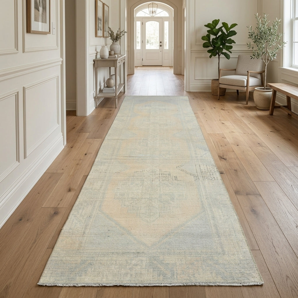 Geometric pattern on the Galenopetra antique washed vintage runner rug – handmade in Anatolia, Turkey