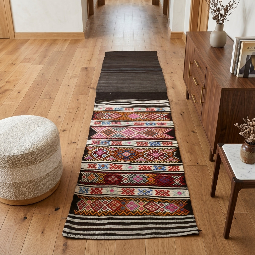 Geometric pattern on the Hippomira vintage kilim runner rug – handwoven flatweave in Anatolia, Turkey