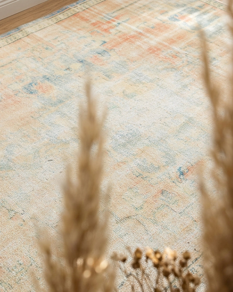 Oriental pattern on the Myrtaura distressed vintage area rug – handmade in Anatolia, Turkey