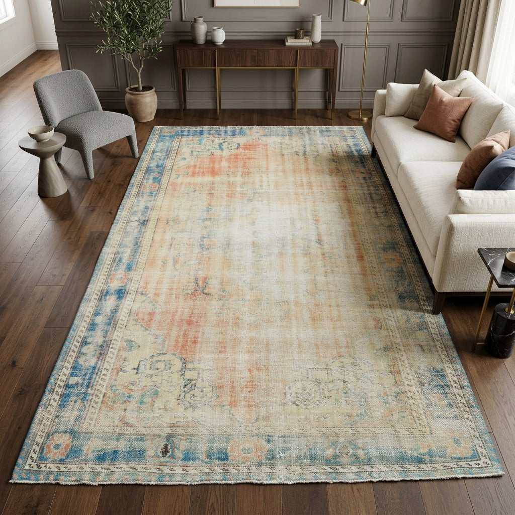 Oriental pattern on the Myrtaura distressed vintage area rug – handmade in Anatolia, Turkey