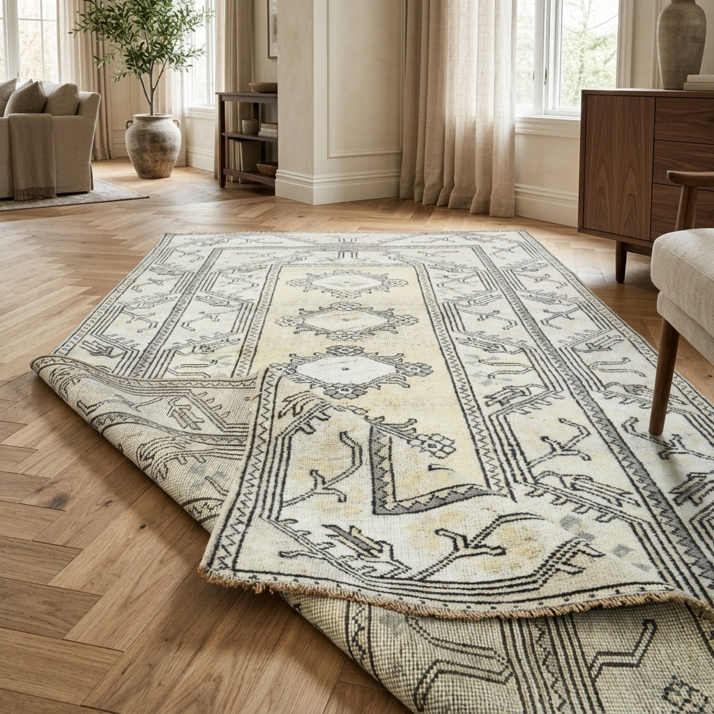 Tribal pattern on the Zeynepmelek vintage area rug – handmade in Anatolia, Turkey