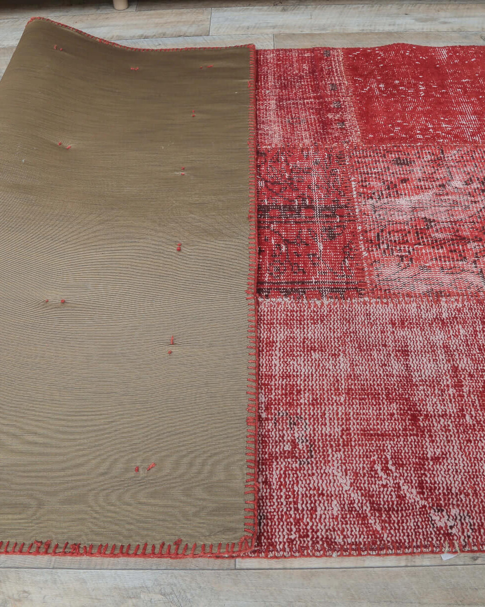 Authentic Anatolian vintage patchwork area rug (1970s) with solid design – one-of-a-kind at Fame Rugs