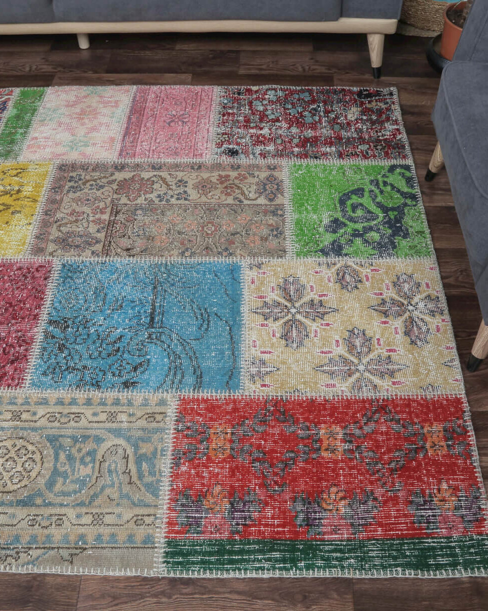 One-of-a-kind 1970s Anatolian vintage patchwork area rug in wool, 5'3" x 7'7"