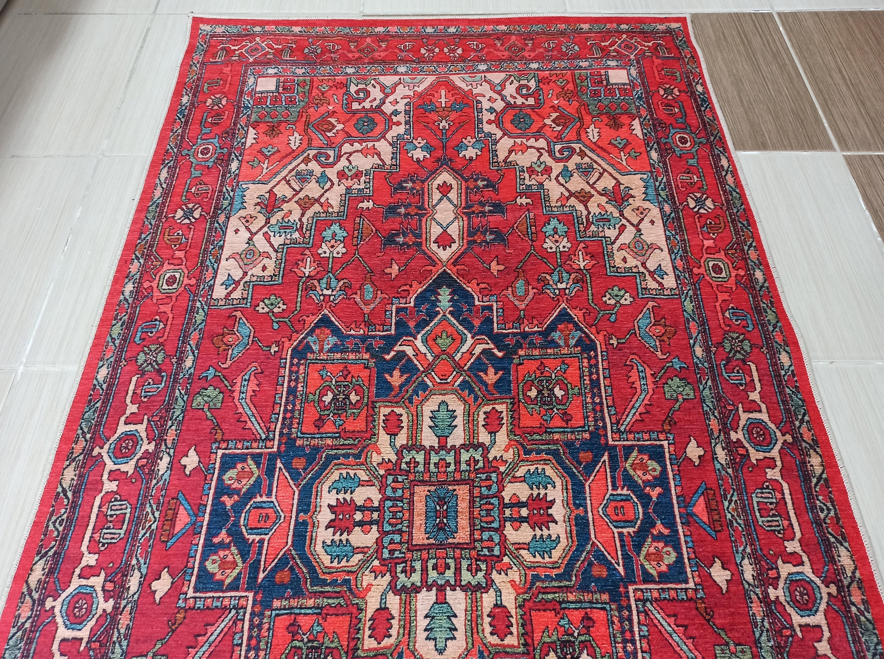 Alin Rug Red Vintage Geometric Faded Rug