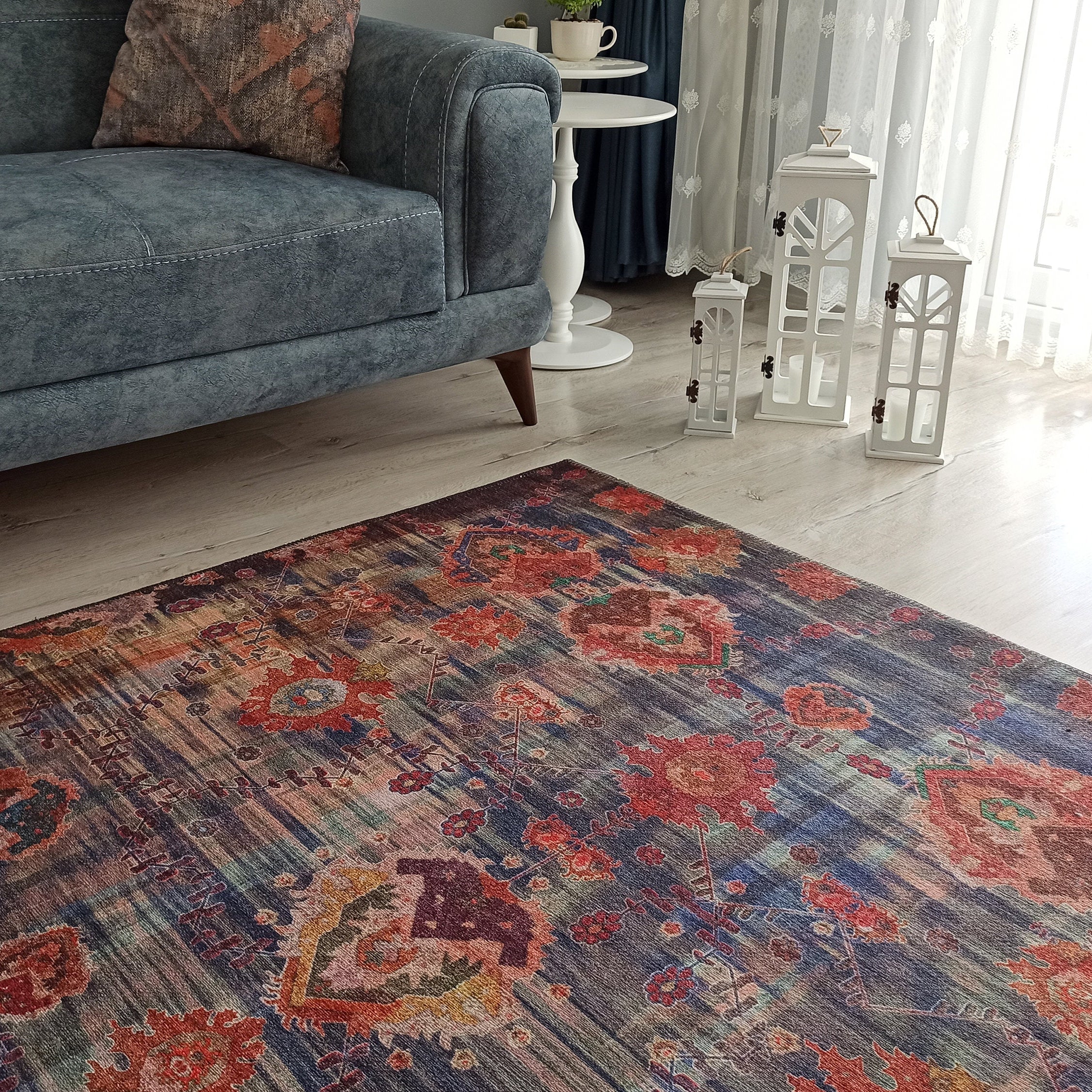 Abru Vintage Persian Floral Navy Blue Rug