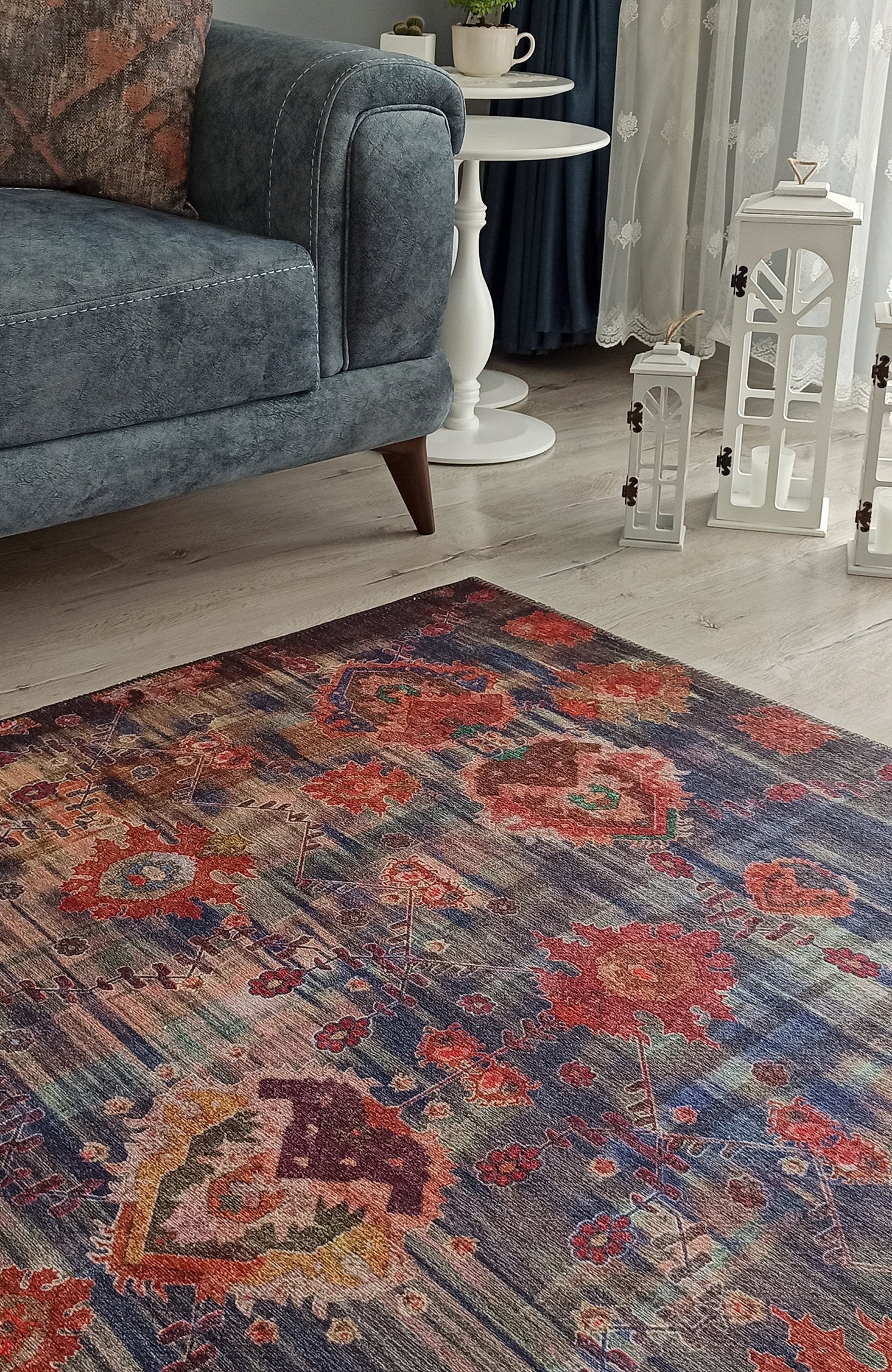 Abru Vintage Persian Floral Navy Blue Rug