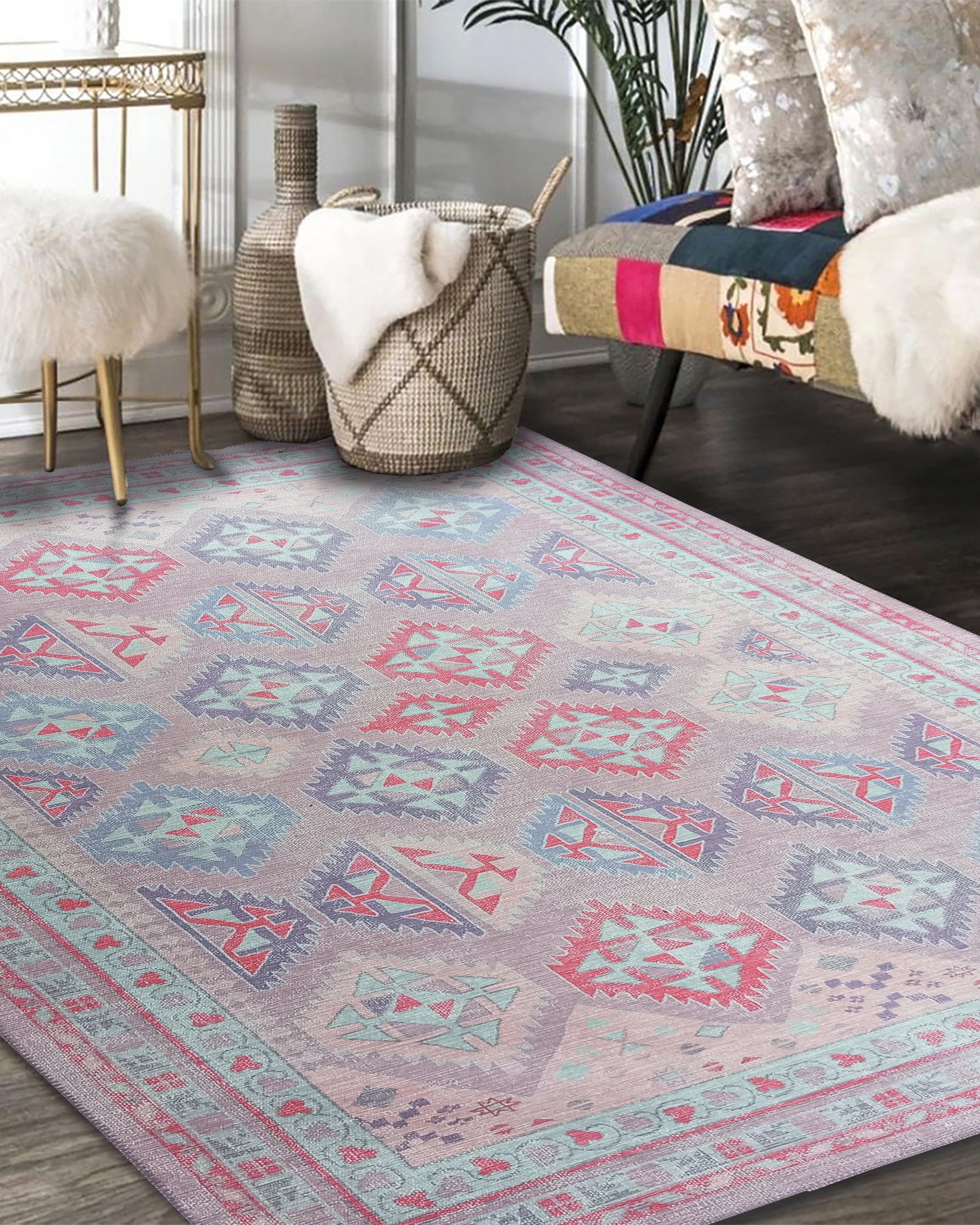 Alora Pink & Lavender Herki Vintage Oushak Rug