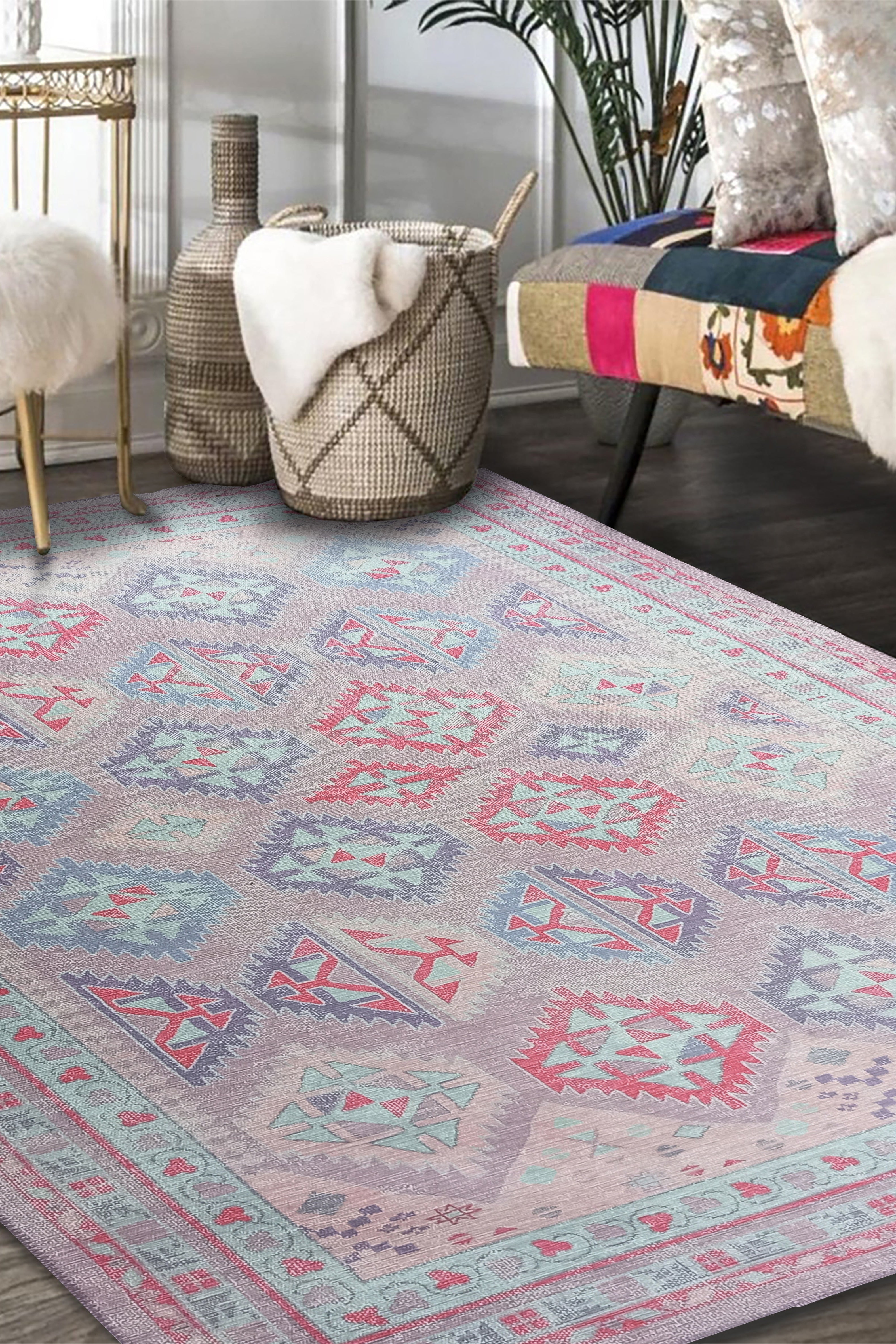 Alora Pink & Lavender Herki Vintage Oushak Rug