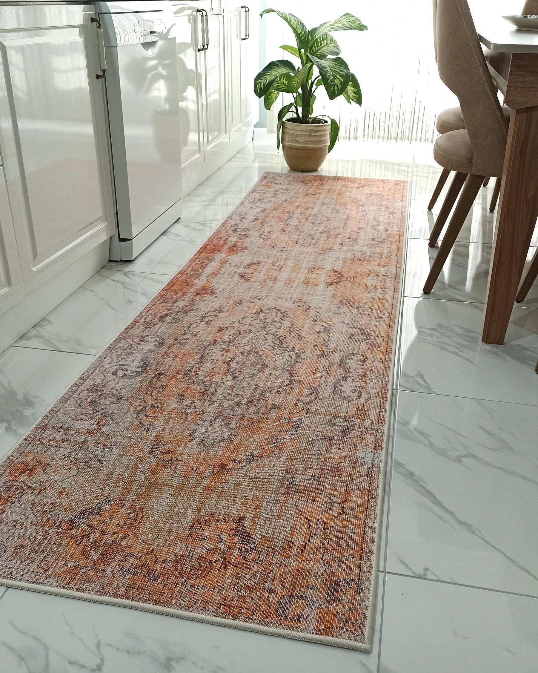 Alya2 Runner Turkish Vintage Faded Orange Runner Rug