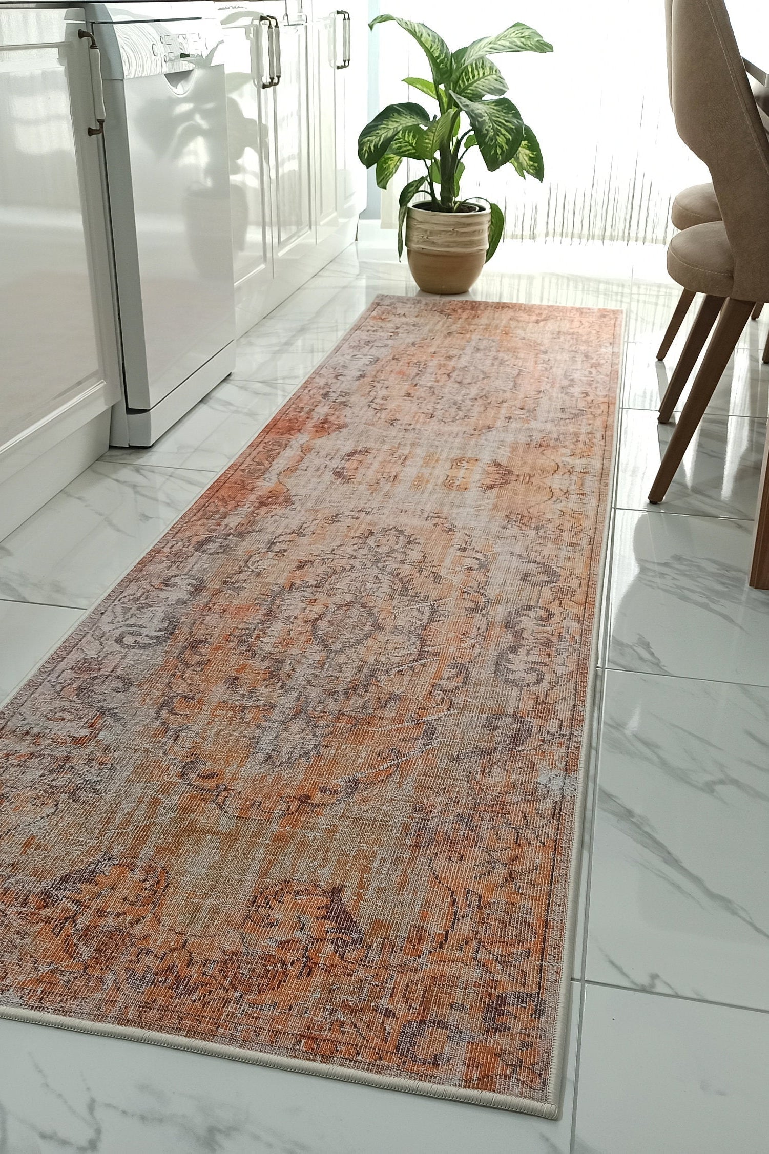 Alya2 Runner Turkish Vintage Faded Orange Runner Rug