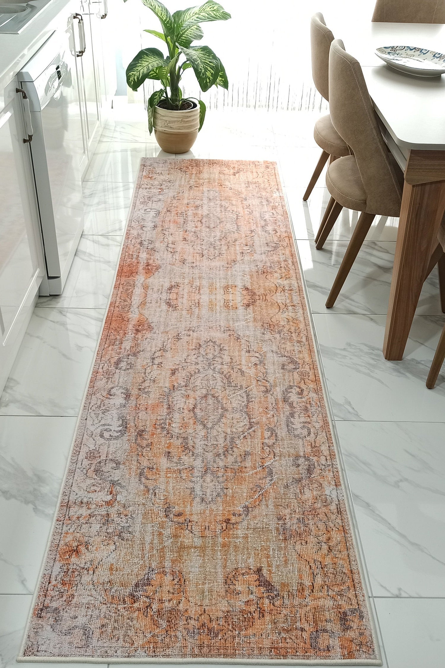 Alya2 Runner Turkish Vintage Faded Orange Runner Rug