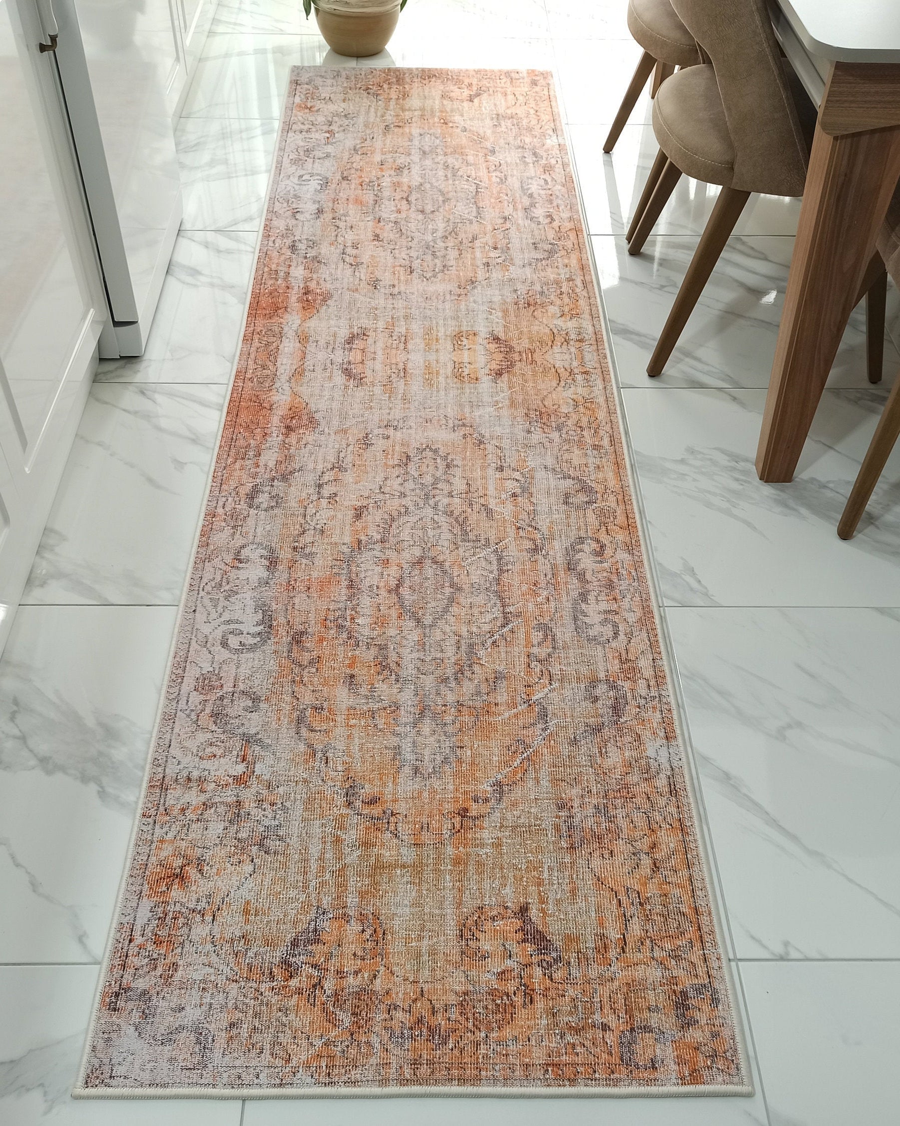 Alya2 Runner Turkish Vintage Faded Orange Runner Rug