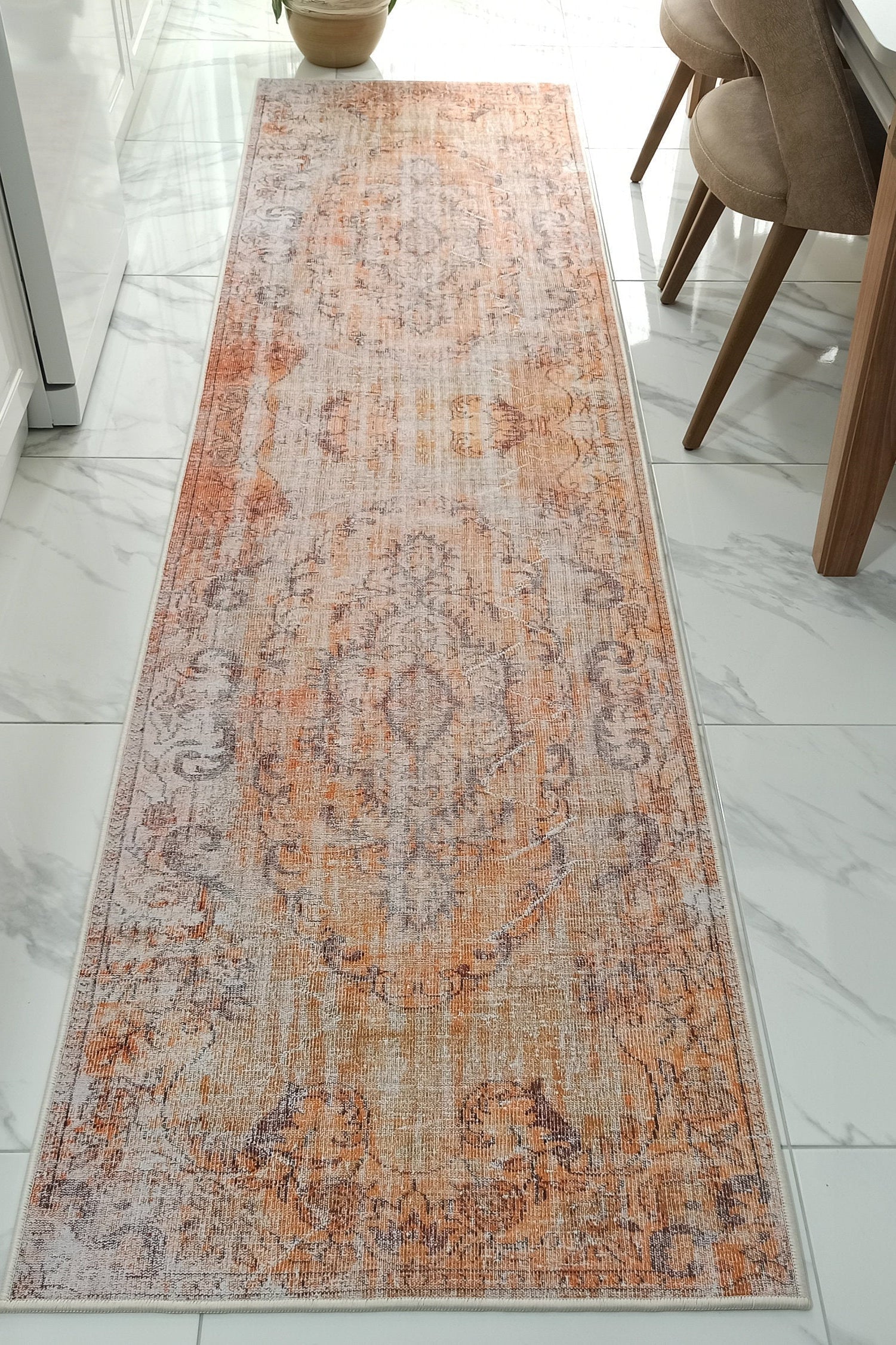 Alya2 Runner Turkish Vintage Faded Orange Runner Rug