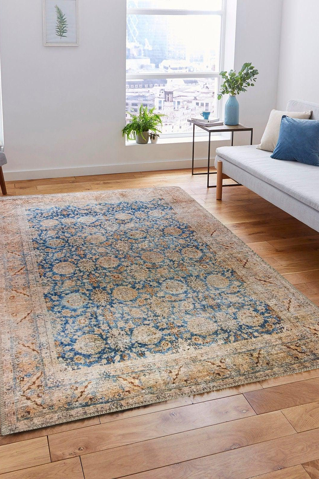 Anya Rug Turkish Neutral Beige Blue Oushak Rug