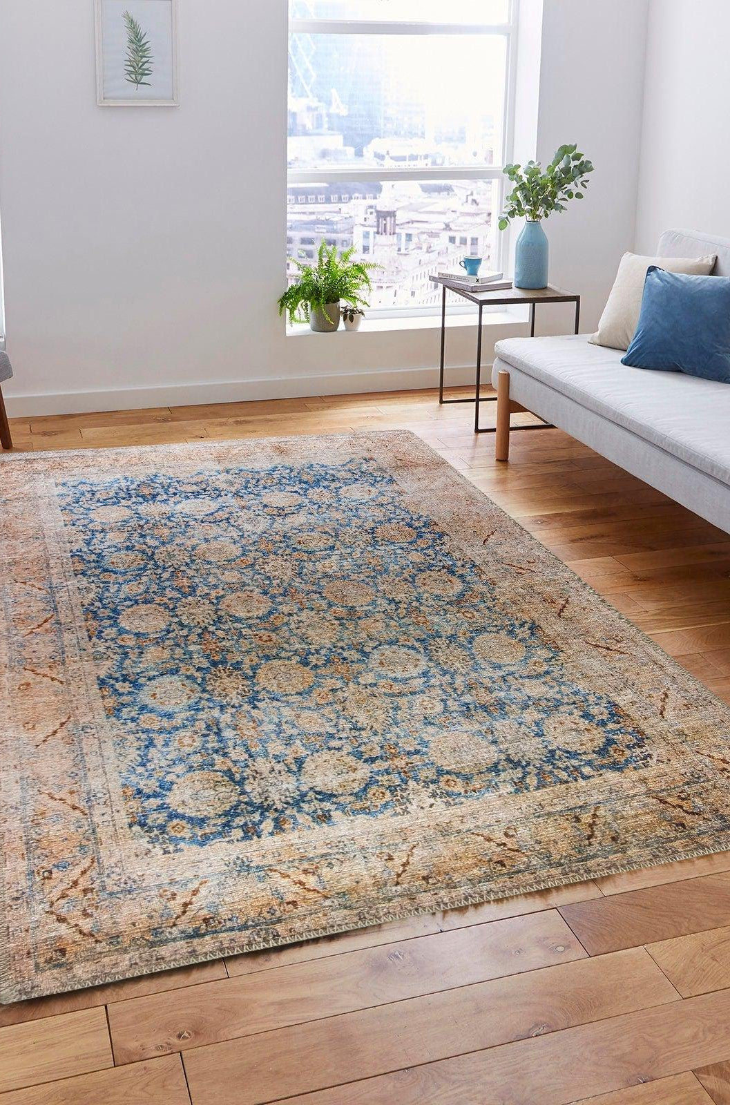 Anya Rug Turkish Neutral Beige Blue Oushak Rug
