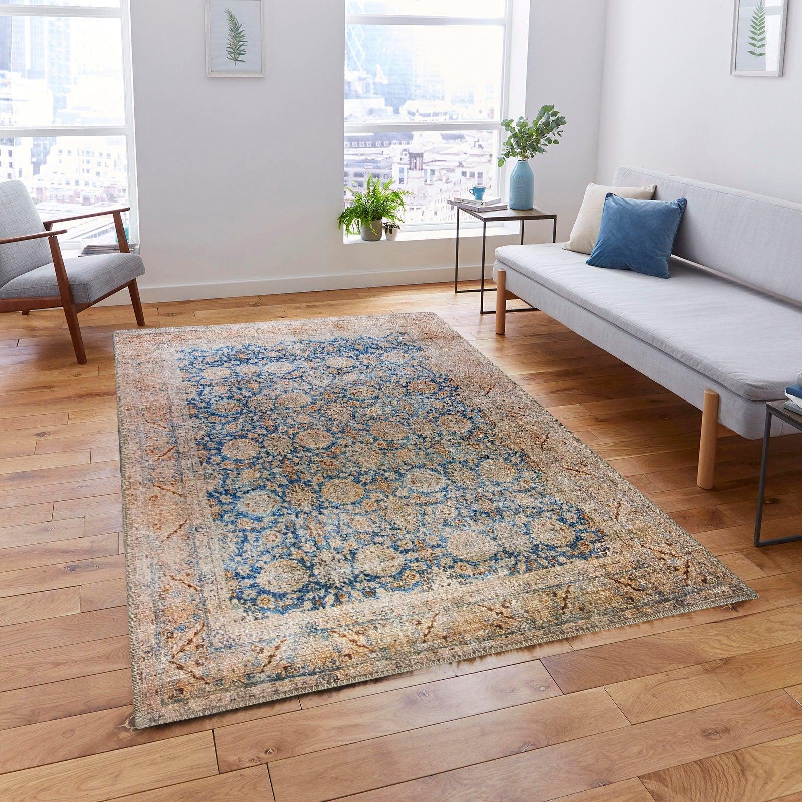 Anya Rug Turkish Neutral Beige Blue Oushak Rug
