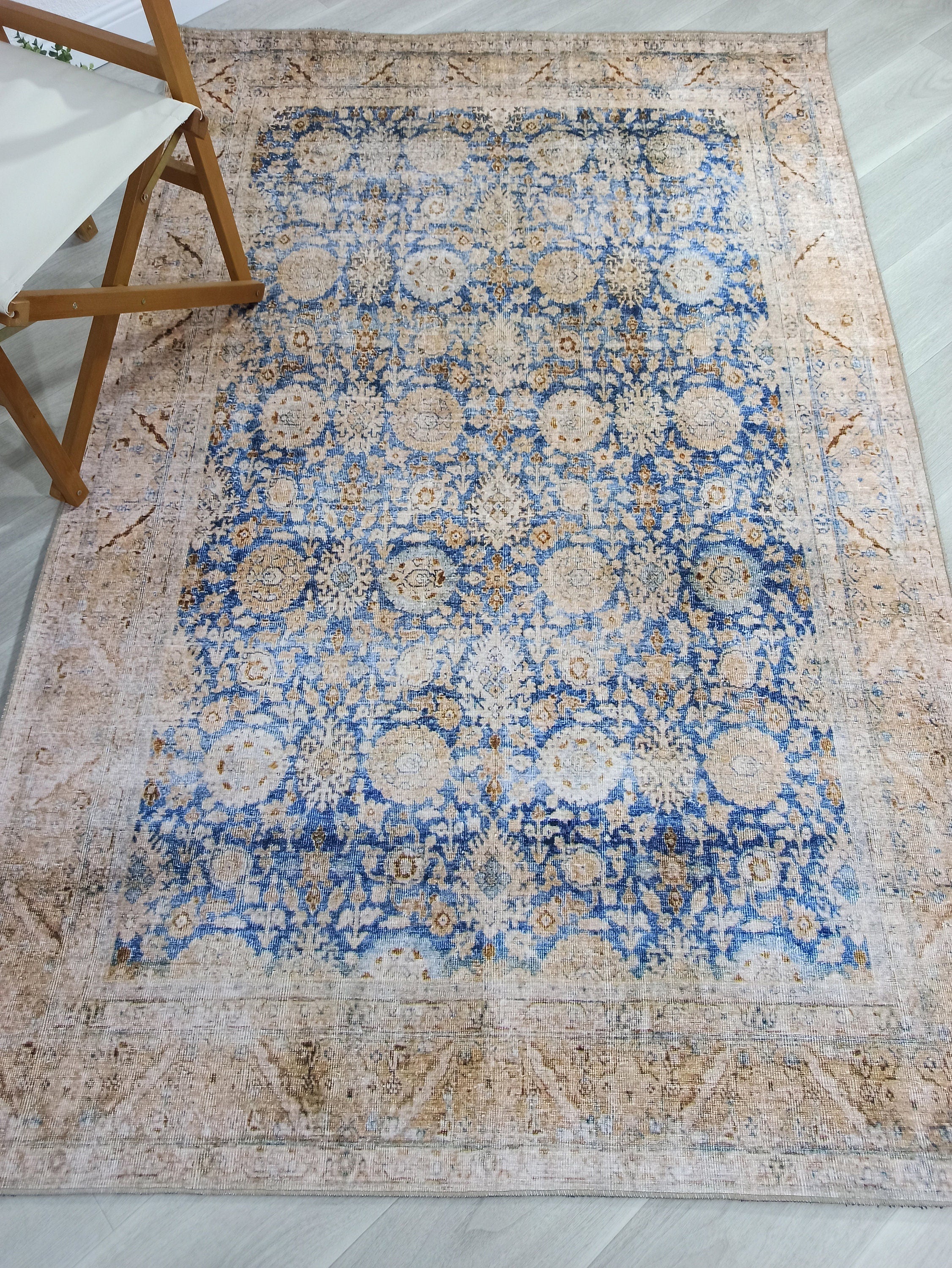 Anya Rug Turkish Neutral Beige Blue Oushak Rug