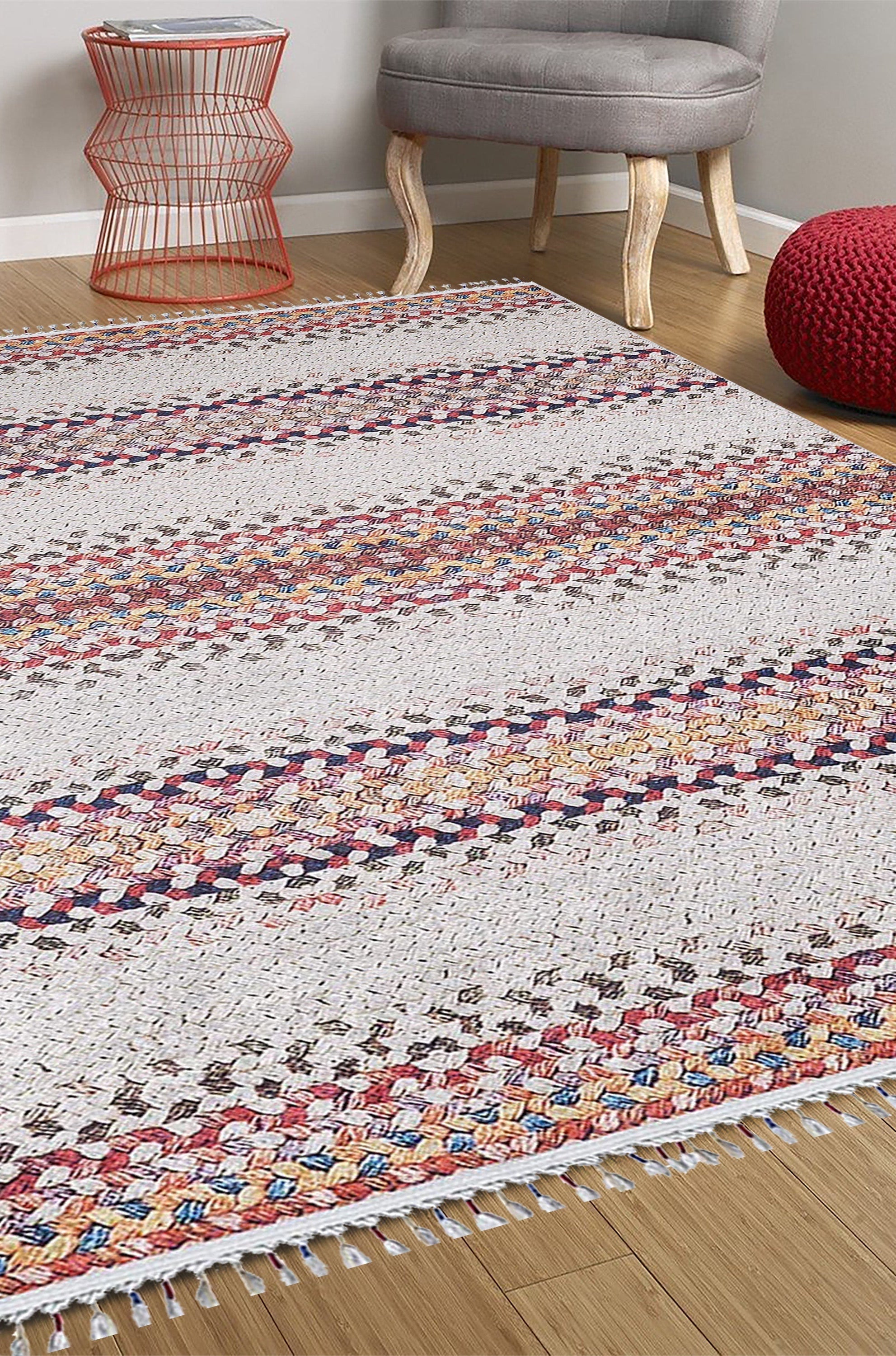Ariana Neutral White Flatweave Colorful Rug