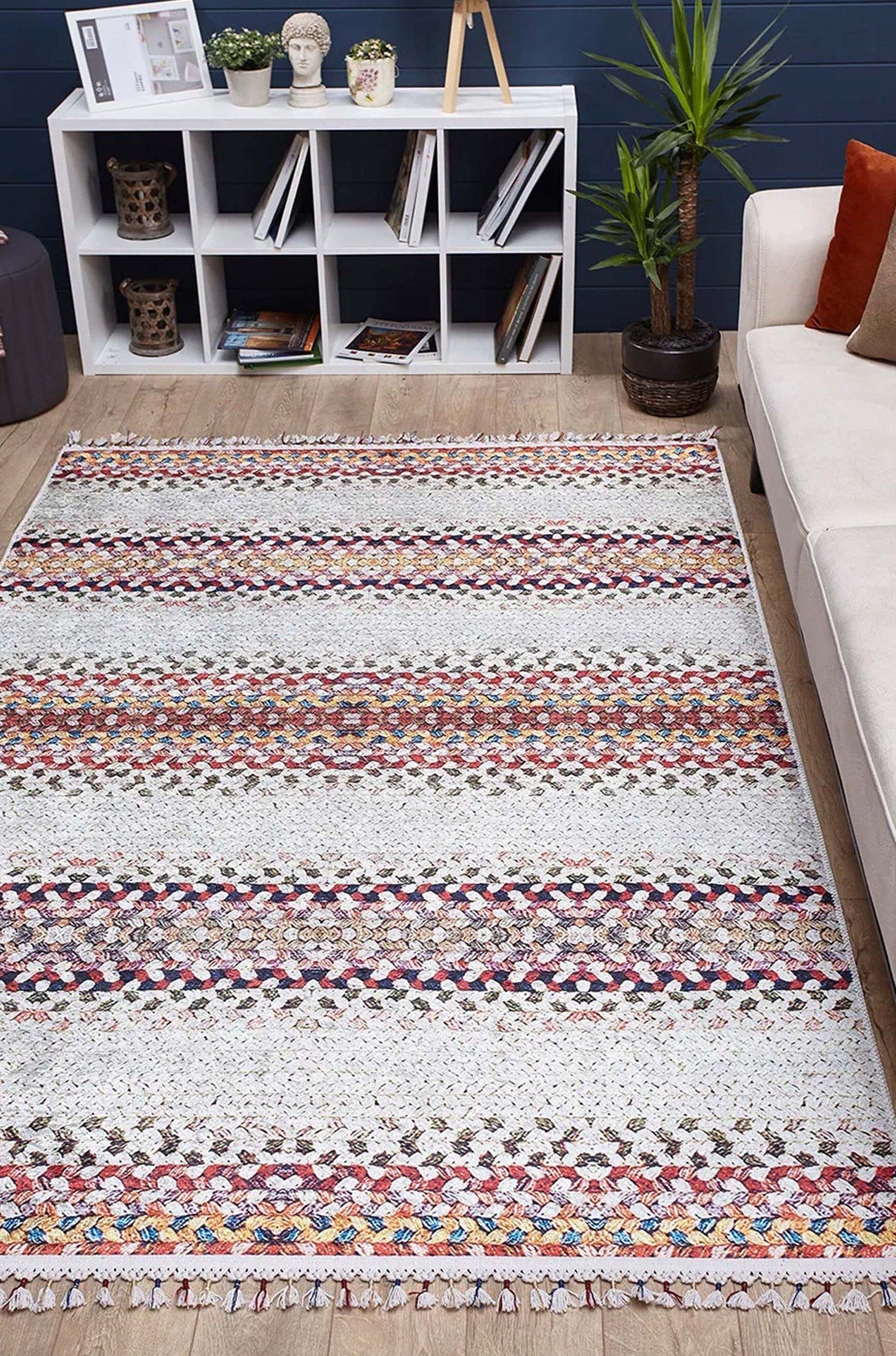Ariana Neutral White Flatweave Colorful Rug