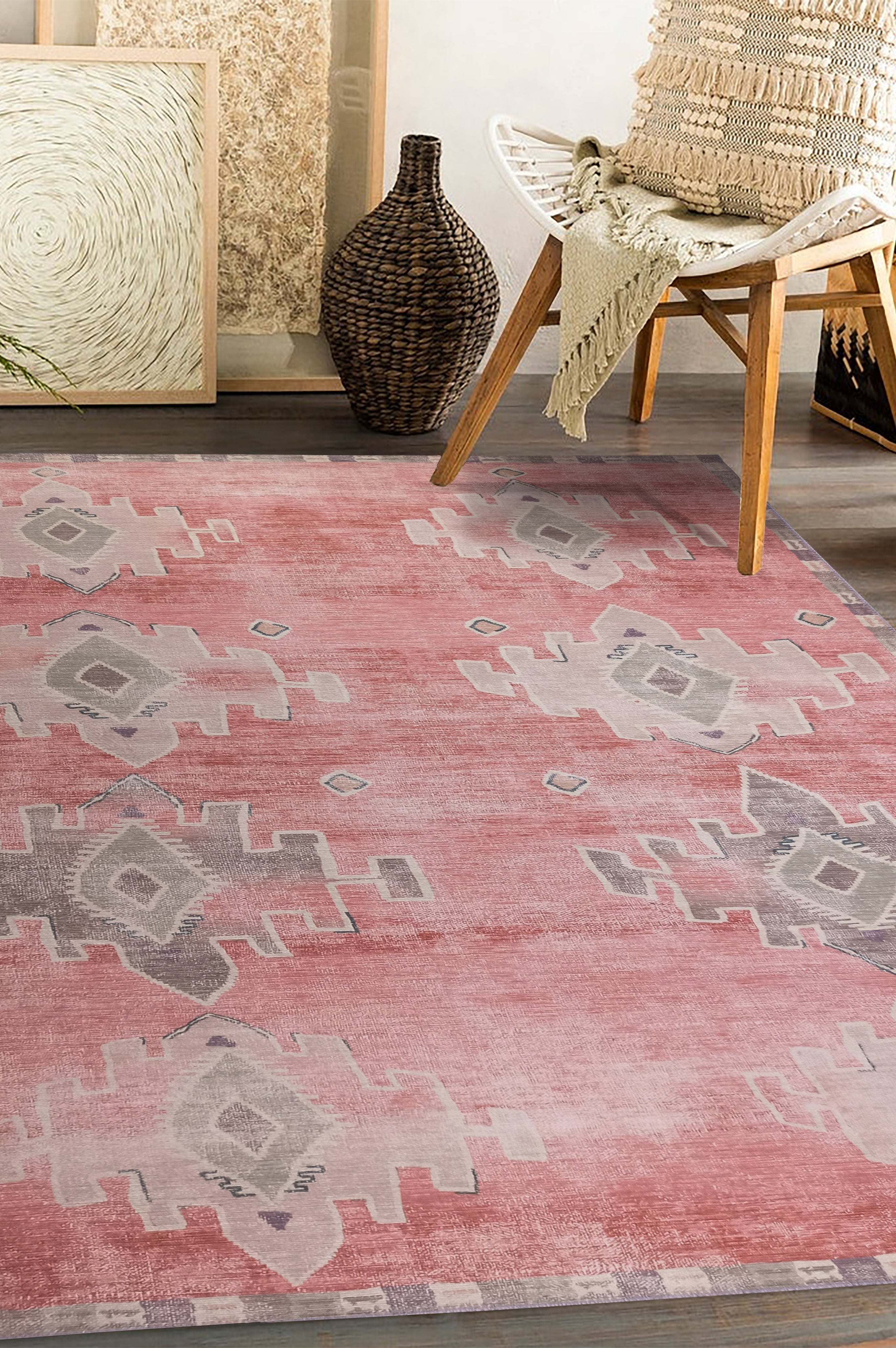 Aurelie Distressed Red Pink Beige Turkish Rug