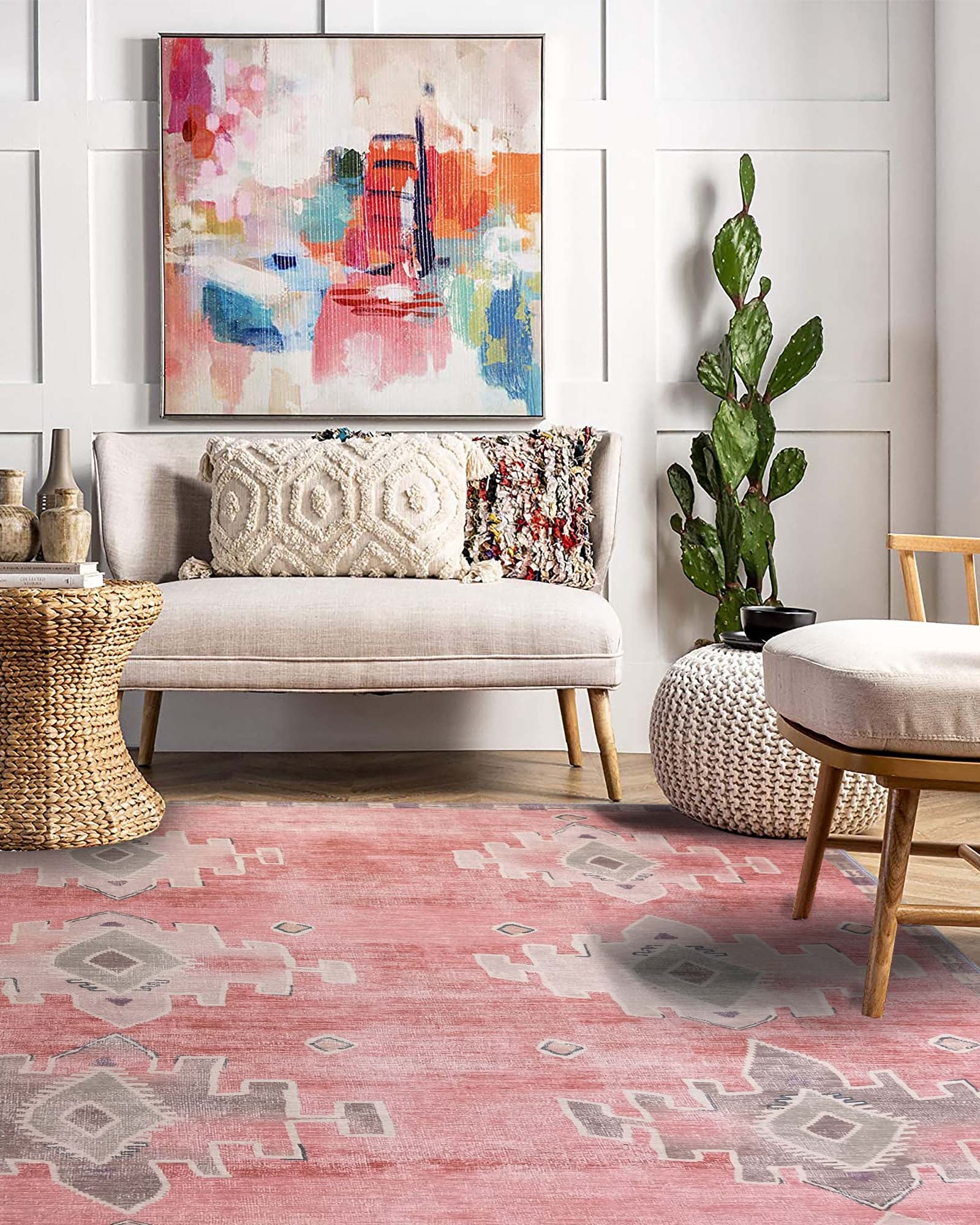 Aurelie Distressed Red Pink Beige Turkish Rug