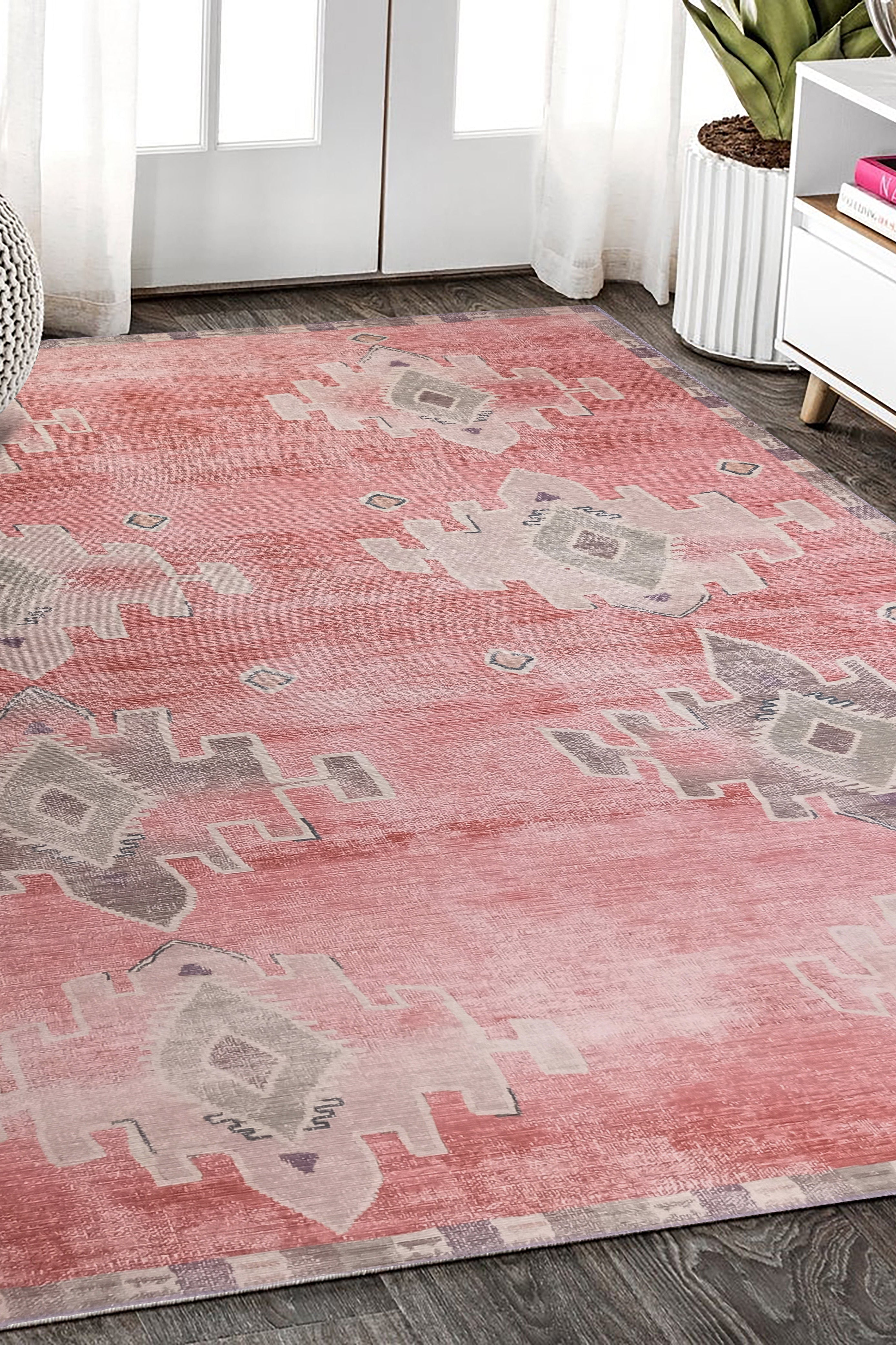 Aurelie Distressed Red Pink Beige Turkish Rug